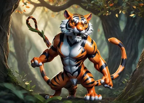 Tiger Fakemon, standing, powerful muscular body, vibrant orange and black stripes, sharp claws, fierce eyes, open mouth showing teeth, dynamic pose, fantasy forest, ancient trees, twisted vines, misty