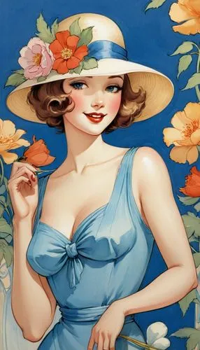 vintage flowers,vintage floral,vintage illustration,sun hat,retro women,vintage women,panama hat,watercolor pin up,retro flowers,flower hat,retro pin up girl,retro pin up girls,hat retro,the hat-female,ladies hat,vintage woman,vintage art,high sun hat,magnolia,art deco woman,Illustration,American Style,American Style 13