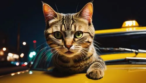 street cat,citycat,yellow taxi,hood ornament,taxi,tabby cat,Photography,Documentary Photography,Documentary Photography 06