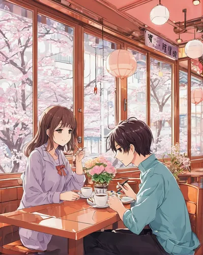 watercolor cafe,romantic scene,romantic meeting,watercolor tea shop,coffee shop,date,izakaya,takato cherry blossoms,japanese restaurant,the cherry blossoms,cold cherry blossoms,sakura blossoms,the coffee shop,paris cafe,cafe,japanese sakura background,cherry blossoms,tsumugi kotobuki k-on,hiyayakko,drinking coffee,Illustration,Japanese style,Japanese Style 04