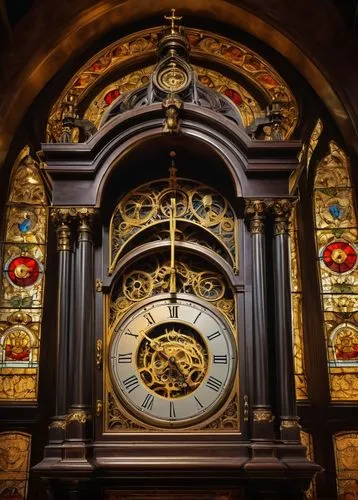 Grandfather clock, intricate mechanical gears, Roman numerals, ornate golden frame, luxurious velvet background, dimly lit, Baroque-style architecture, Gothic arches, stained glass windows, mysterious