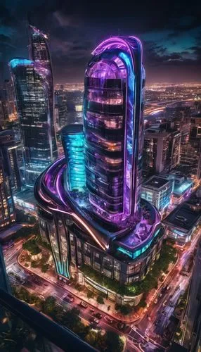 Modern futuristic skyscraper, sleek metallic exterior, curved lines, neon lights illuminating the night, rooftop garden, lush greenery, panoramic city view, luxurious interior, marble floors, high cei