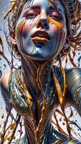 tears bronze,bodypainting,bodypaint,gold paint stroke,body painting,psychedelic art,fantasy art,body art,splintered,the festival of colors,angel's tears,oil drop,pour,gold paint strokes,surface tension,spilt coffee,graffiti art,siren,dryad,distorted