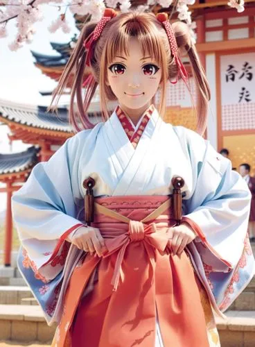 idol, cosplay, girl, japanese clothes, solo, twintails, hands on hips, miko, hair ribbon,  hakama, pink hair, smile, brown hair, looking at viewer, red hakama, ,a woman dressed up in traditional japan