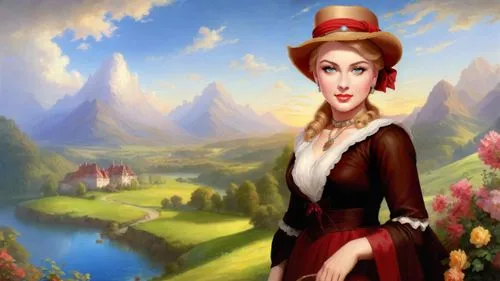 Romantic masterpiece oil painting, beautiful curvy busty woman portrait, silk sarafan dress, nostalgic 1950's style kitsch, breathtaking beautiful epic vast landscape, majestic scenery, highly detaile