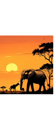 African savanna, vibrant sunset, orange-yellow sky, acacia trees silhouette, grasslands stretching far, giraffes in distance, majestic elephant, warm lighting, cinematic composition, panoramic view, s