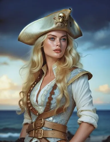 a woman wearing a pirate hat, charlie bowater character art, treasure island, it is the captain of a crew, black and white coloring, drawn in the style of mark arian, portrait of margot robbie, unused