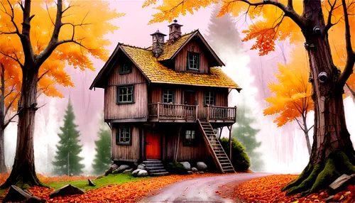 house in the forest,lonely house,houses clipart,little house,witch's house,cottage,wooden house,small house,witch house,autumn background,autumn scenery,autumn idyll,fall landscape,home landscape,house painting,country cottage,wooden houses,autumn landscape,autumn theme,crooked house,Illustration,Abstract Fantasy,Abstract Fantasy 04