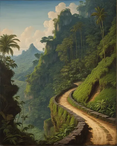 mountain road,robert duncanson,tropical and subtropical coniferous forests,mountain highway,winding road,mountainous landscape,rural landscape,winding roads,an island far away landscape,landscape background,mountain scene,forest road,hiking path,the road to the sea,mountain landscape,kauai,coastal road,the road,high landscape,forest landscape,Art,Classical Oil Painting,Classical Oil Painting 22