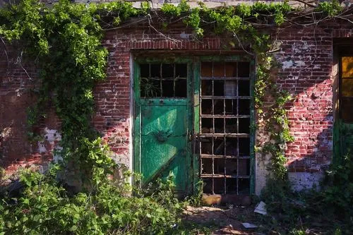 Abandoned architectural salvage store, San Antonio TX, worn wooden signs, rusty metal gates, overgrown with vines, ivy-covered brick walls, broken windows, old limestone facade, distressed wood doors,