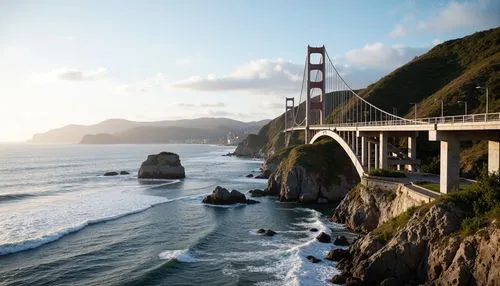 Scenic coastal bridge, gentle ocean waves, salty sea air, rugged cliffside, weathered wooden piers, steel suspension cables, modern minimalist architecture, sleek curved lines, nautical-themed railing