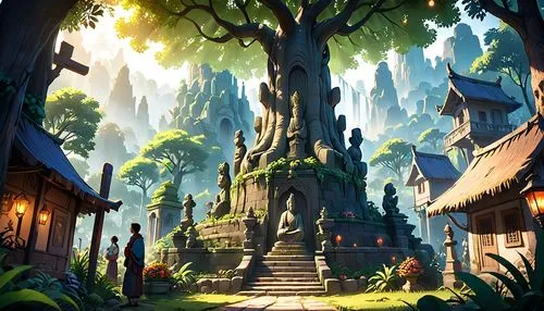 cartoon video game background,fairy village,cartoon forest,alfheim,devilwood,elves country,Anime,Anime,Cartoon