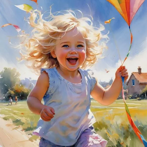 little girl with balloons,little girl in wind,fly a kite,kites balloons,kite flyer,children's background,Conceptual Art,Oil color,Oil Color 03