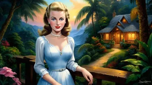 Romantic masterpiece oil painting, cute girl portrait, nostalgic 1950's style kitsch, vibrant rainforest landscape, lush tropical jungle paradise, summer beach vacation seaside cottage sunset scenery,