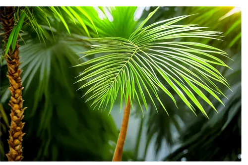 Palm tree, slender trunk, green leaves, curved branches, tropical atmosphere, morning sunlight, soft focus, shallow depth of field, warm color tone, cinematic lighting, close-up, 3/4 composition, leaf