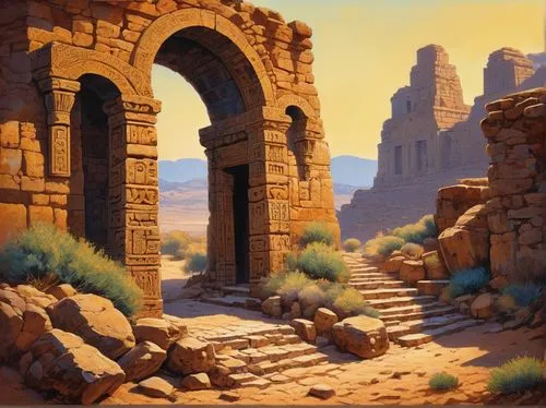 desert landscape,desert desert landscape,hildebrandt,ancient city,sandstone wall,ancient buildings,ruins,arches,khandaq,petra,karnak,ancient ruins,stone desert,castle ruins,ramesseum,the ruins of the,semidesert,desert,archways,guards of the canyon,Conceptual Art,Daily,Daily 31