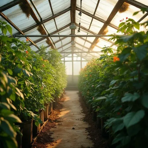 Greenhouse, polyethylene material, transparent roof, corrugated walls, silver reflective surface, warm lighting, lush greenery, vibrant flowers, tomato plants, cucumbers, hanging baskets, irrigation s