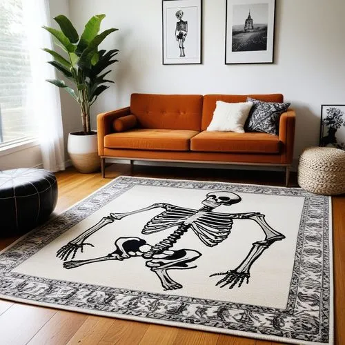 a living room has a couch and large rugs on the floor,contemporary decor,modern decor,rug,interior decor,scandinavian style,kilim,home interior,rugs,vintage skeleton,apartment lounge,boho art style,bo