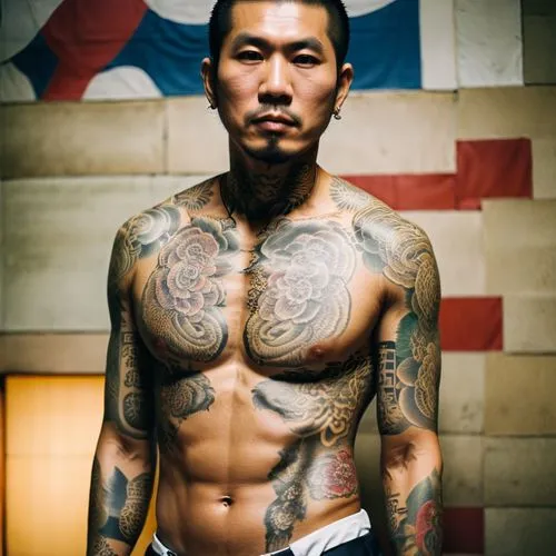 traditional Japanese yakuza tattoos,a man with tattoos standing in a room,hidetoshi,yakuza,hideshi,tatman,yelawolf,with tattoo,Photography,Documentary Photography,Documentary Photography 01