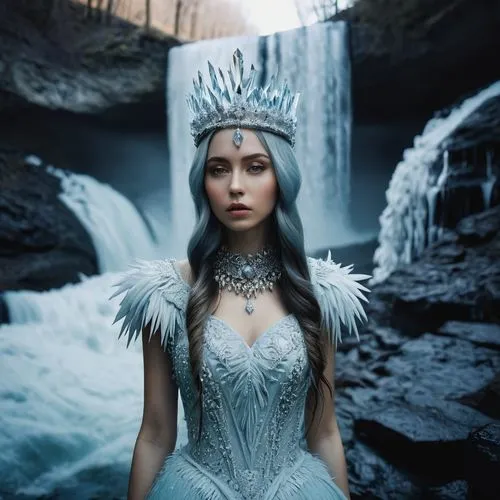 Молодая женщина в ледяной короне у водопада,ice queen,the snow queen,white rose snow queen,ice princess,fairy queen,bridal veil,elven,suit of the snow maiden,celtic queen,water nymph,faery,eternal sno