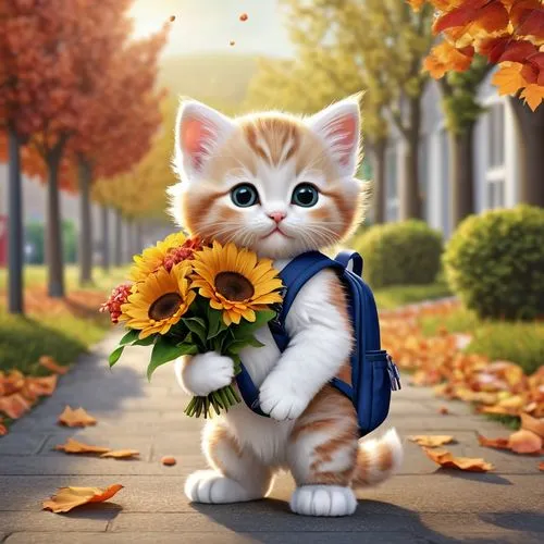 flower cat,cute cat,ginger kitten,cute cartoon image,flower background,autumn background,Photography,General,Realistic