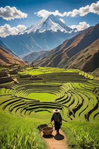 Peruvian agricultural landscape, circular patterns of crops, vibrant green fields, Andean mountains in the background, clear blue sky with few white clouds, sun shining down, warm natural light, low a