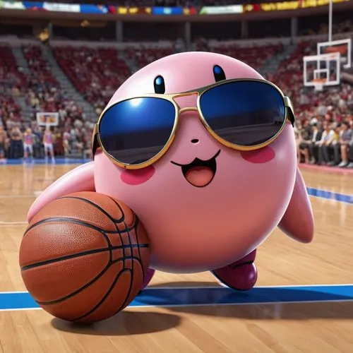 Kirby videogame carector playing a basketball game with aviator sunglasses on,kirbyjon,korb,kirby,poborsky,kisenosato,koufos,dunball,abitbol,bosacki,vector ball,basketballs,bounderby,pubg mascot,baske