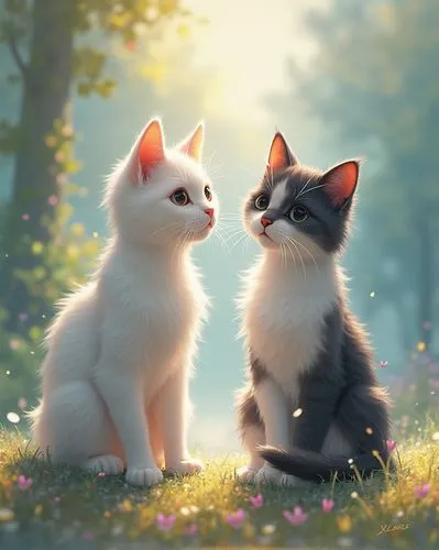 a colorful painting of two cats, in the style of marcin sobas, 32k uhd, animals and people, oil painter, intense light and shadow, ferrania p30,a couple of cats that are sitting down,kittens,mignons,b