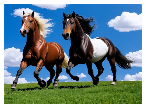 Horses, desktop wallpaper, two horses, galloping, running freely, green meadow, blue sky, white clouds, majestic manes, shiny coats, detailed eyes, nostrils flaring, strong muscles, dynamic pose, low 