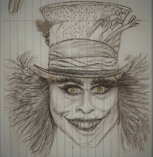 ringmaster,creepy clown,hatter,the hat-female,pencil and paper,horror clown,joker,pencil,scary clown,circus,circus animal,clown,rodeo clown,cirque,pierrot,vintage drawing,mechanical pencil,pencil art,