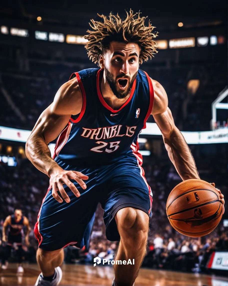 Basketball player, muscular man, 25-30yo, dynamic pose, sweaty skin, messy hair, intense gaze, NBA jersey, shorts, sneakers, basketball in hand, dribbling, jumping, slam dunking, stadium background, c