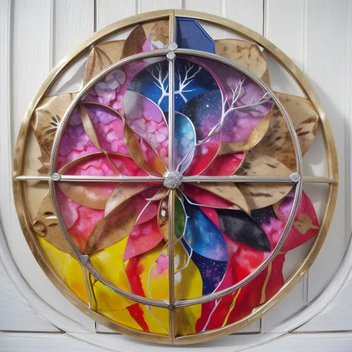 dharma wheel,stained glass window,stained glass,wind rose,door wreath,stained glass pattern,church window,round window,glass painting,stained glass windows,glass signs of the zodiac,wall clock,quartz clock,compass rose,kaleidoscope art,ship's wheel,dart board,astronomical clock,prize wheel,dartboard