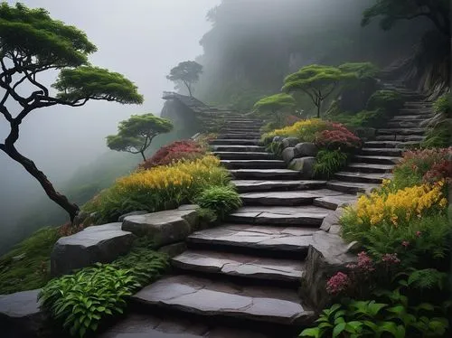 winding steps,stairs to heaven,tree top path,hiking path,the mystical path,stairway to heaven,pathway,wooden path,huangshan mountains,huangshan,walkway,hushan,shaoming,forest path,foggy landscape,the path,tree lined path,climbing garden,wudang,zen garden,Conceptual Art,Daily,Daily 10