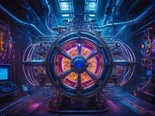 Futuristic laboratory, complex machinery, hyperencabulator device, sleek metal structure, glowing blue core, intricate wires, steam pipes, industrial setting, dim ambient lighting, dramatic shadows, c