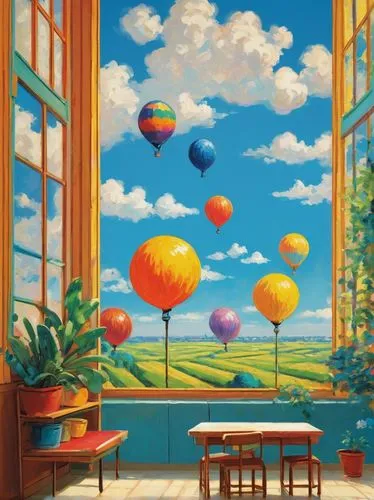 colorful balloons,hot-air-balloon-valley-sky,sky apartment,balloon,hot air balloons,floats,balloons,windows,corner balloons,blue balloons,sky,home landscape,dream world,summer sky,balloon trip,balloons flying,summer day,cumulus,ballon,baloons,Art,Artistic Painting,Artistic Painting 04