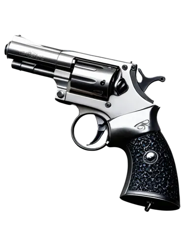 Gun, cocking sound effect, metallic texture, detailed mechanism, silver finish, grip handle, trigger finger rest, bullet chamber, smoke emission, 3/4 composition, low-angle shot, dramatic lighting, ci