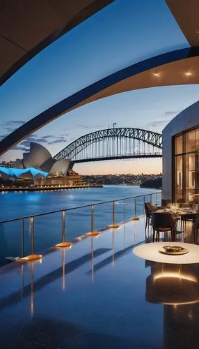 Modern architectural building, Australia, Sydney Opera House style, sleek lines, futuristic curves, vibrant city lights, evening atmosphere, warm ambient glow, LED strip lights, floor-to-ceiling windo