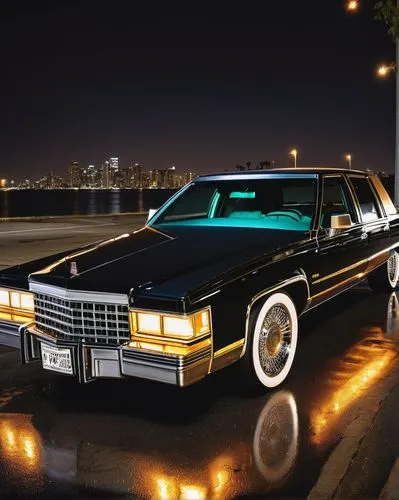 1989 Cadillac DeVille, lowrider, sleek design, chrome wheels, custom rims, hydraulic suspension, lowered stance, glossy black paint, vinyl top, luxurious interior, velvety seats, wood trim dashboard, 