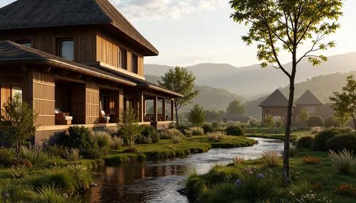 house in the mountains,render,streamwood,grayhawk,house in mountains,3d rendering,riverwood,home landscape,streamside,the cabin in the mountains,country estate,summer cottage,netherwood,creekside,alpine village,millstream,watermill,beautiful home,house by the water,chalet