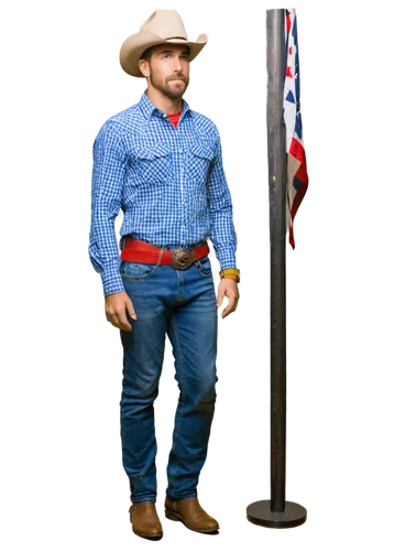 Lone star state symbol, Texas flag, cowboy hat, rugged beard, plaid shirt, blue jeans, belt buckle, boots, confident posture, bold expression, warm sunset lighting, shallow depth of field, cinematic c