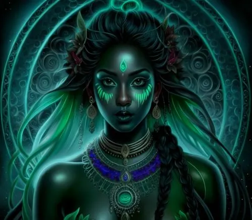 nude Beautiful nigerian girl, full dark curly hair, big green almond eyes, full black lips, misty sky,a woman with green and white face makeup,vodun,anahata,niobe,hecate,nephthys,amerykah,Illustration