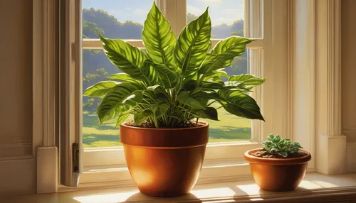 Create a peaceful scene with a pot plant placed near a sunny window.,windowsill,potted plant,houseplant,window sill,potted plants,money plant,house plants,indoor plant,green plant,fern plant,green pla