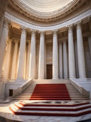 Supreme Court building, neoclassical architecture, grandiose columns, marble floors, high ceilings, intricate carvings, ornate decorations, majestic staircase, solemn atmosphere, Washington D.C., Amer