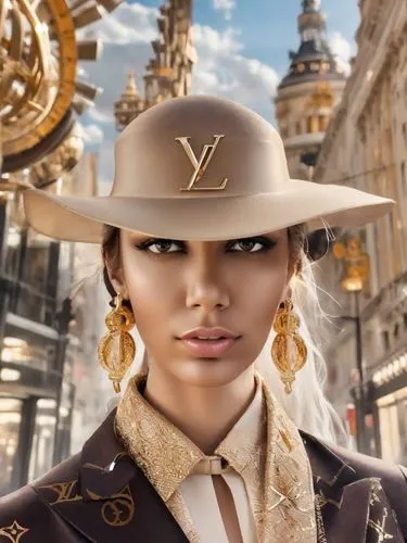 open hair,a woman in a hat and gold earrings standing outside,vuitton,louis vuitton,vrih,hallia venezia,ysl,vichy,lyoness,fashion vector,lvmh,venezia,the hat-female,victoriana,veneziani,navys,vogue,vi