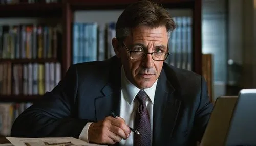 Database expert, Bill Inmon, mature man, (50yo), glasses, short brown hair, suit, white shirt, tie, sitting, office, bookshelf, laptop, papers, pens, coffee cup, calm atmosphere, warm lighting, 3/4 co