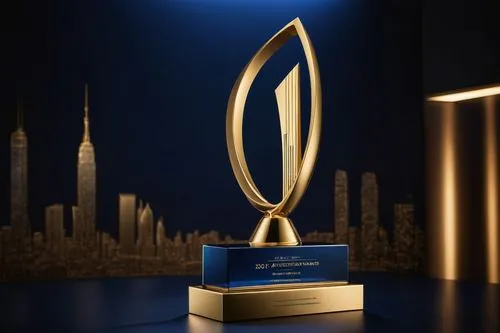 Modern architectural award trophy, golden metal material, sleek curved shape, intricate details, stage lights, dark blue background, elegant font "2021 Architecture Design Awards" inscription, solo st