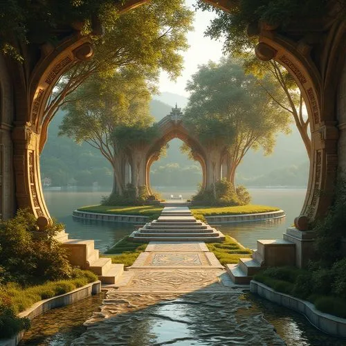 rivendell,dorne,water palace,enchanted,nargothrond,the mystical path,theed,fantasy picture,fantasy landscape,archways,arcadia,garden of the fountain,neverland,flooded pathway,rose arch,entrada,archway,arbor,arch,a fairy tale,Photography,General,Realistic