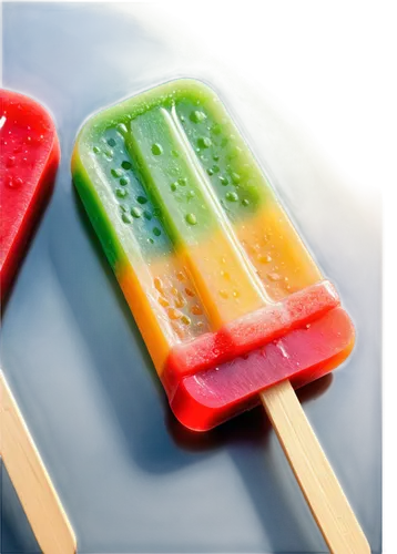 Colorful popsicle, transparent ice, rounded edges, glossy surface, vibrant colors, sweet treats, summer vibes, angled shot, close-up, shallow depth of field, bright lighting, 3/4 composition, soft foc