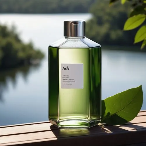 Modern ash shampoo bottle, sleek architecture design, transparent glass material, silver metal cap, white label, minimalist font, placed on a wooden deck, surrounded by lush greenery, overlooking a se