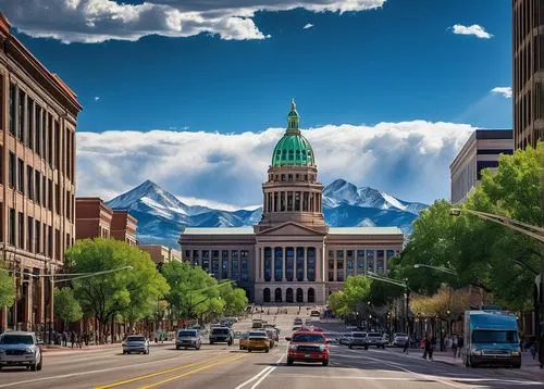 Modern architecture, Denver cityscape, skyscraper, glass facade, steel frame, urban landscape, city street, busy traffic, pedestrians walking, Colorado State Capitol building, historic landmark, Rocky